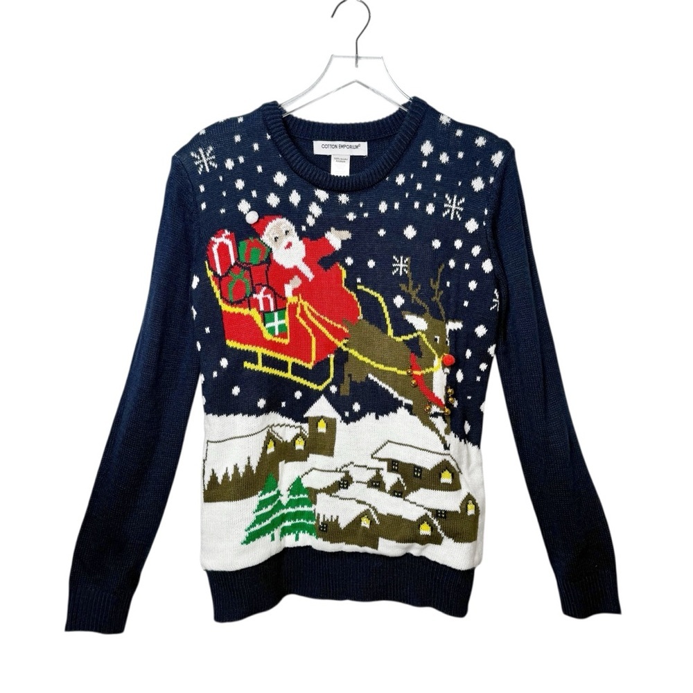 Cotton Emporium Navy Women’s Ugly Christmas Santa Rudolph Light Up Sweater Sz L